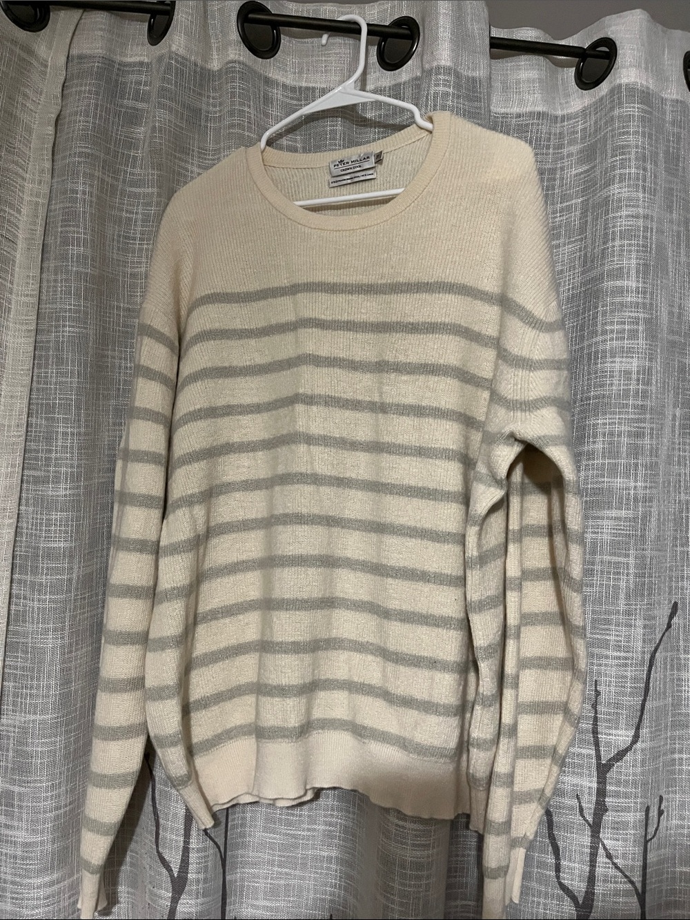 Peter Millar Cream and Light Gray Striped Crewneck Sweater